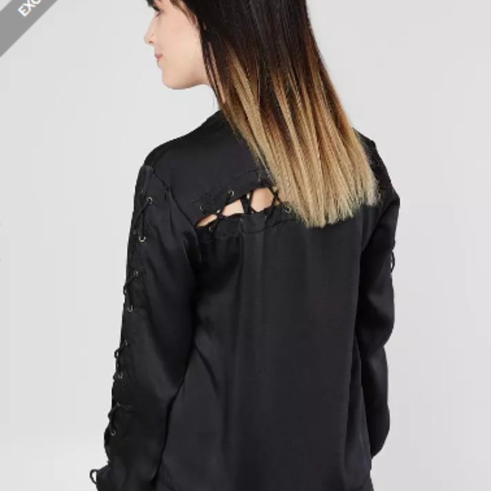 Gilded Intent Black Satin Lace Up Y2K Bomber Jacket S